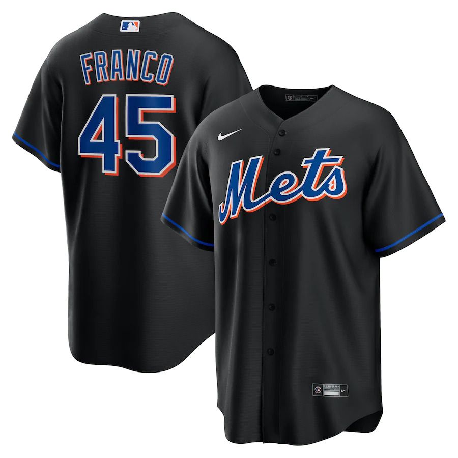 Custom Men New York Mets #45 John Franco Nike Black 2022 Alternate Replica Player MLB Jersey->customized mlb jersey->Custom Jersey